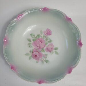 Koenigszelt Silesia Serving Bowl 9 Inch Pink Roses Green Leaves Beaded Boarder